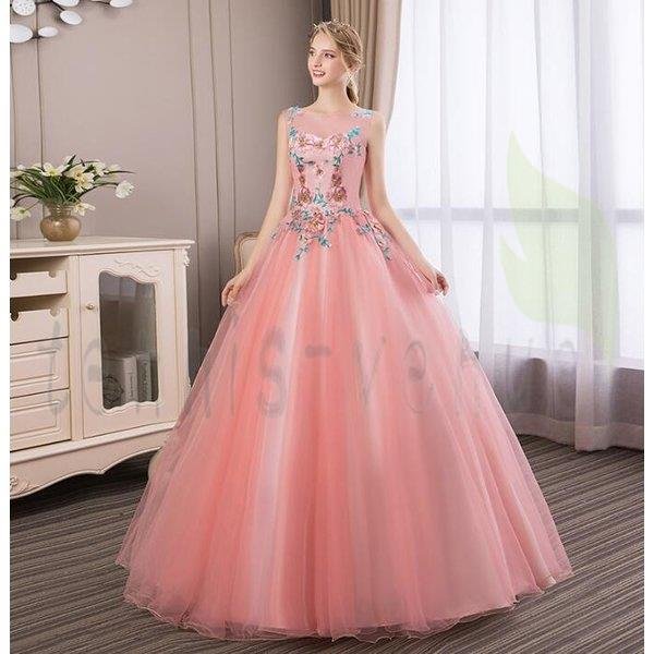 ウエディンドレス ロング丈ピンク超豪華レースUネックノースリーブ刺繍 気質優雅大きいサイズ 結婚式 スパンコール二次会 演奏会 花嫁 撮影 編み上げ式