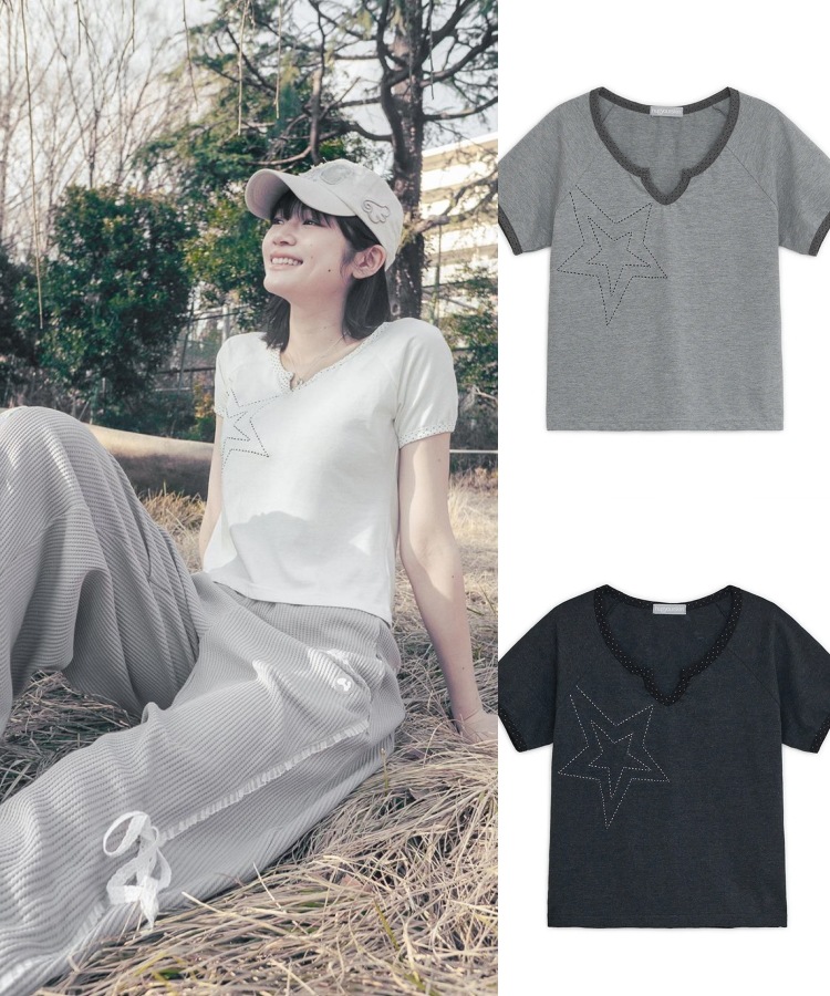 Tシャツ・カットソー hug your skin star stitch top white 25SSTOP03WH セール】HUG YOUR SKIN/ハグユアスキン/Star stitched top（T