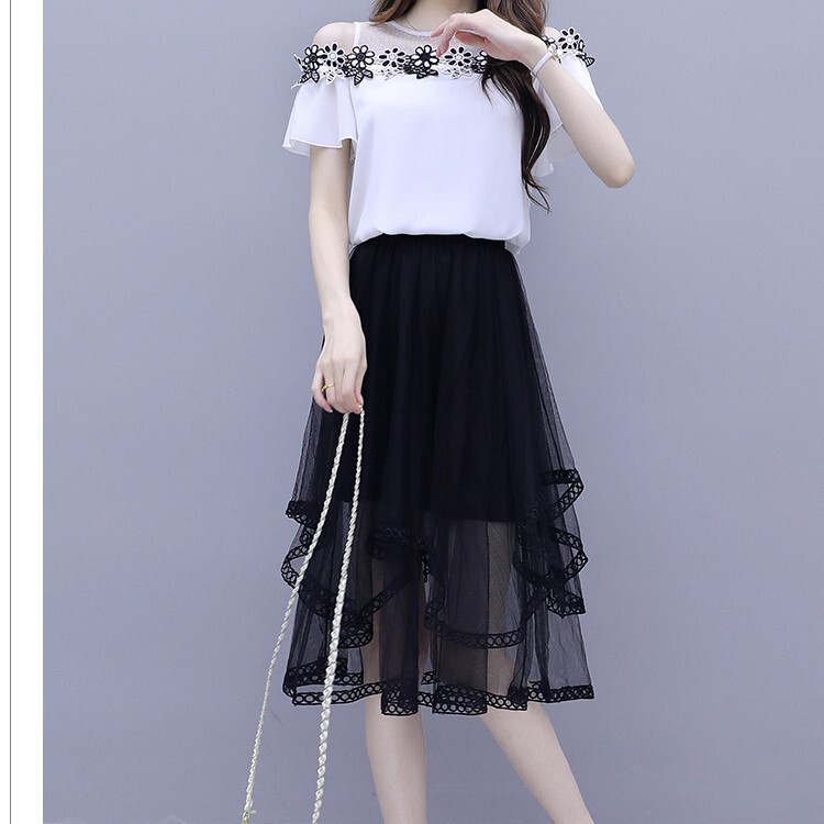 夏洋風2ピースセットシフォンメッシュスカート トップス スカート シャツ ロングスカート フレアスカート 半袖 フレアスリーブ ラウンドネック Aライン ウエストマーク ハイウエスト ウエストゴム