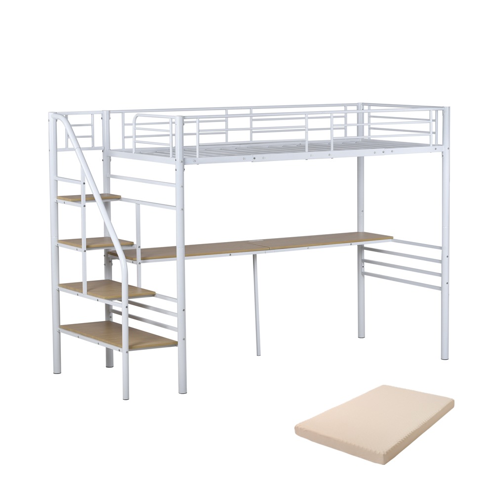 【即日発送】【マットレス付き】ロフトベッド 階段付き パイプベッド シングル コンセント付き 収納 子供ベッド 子供部屋二段ベッド スチール 耐震 ベッド シングル パイプベッド　パイプ