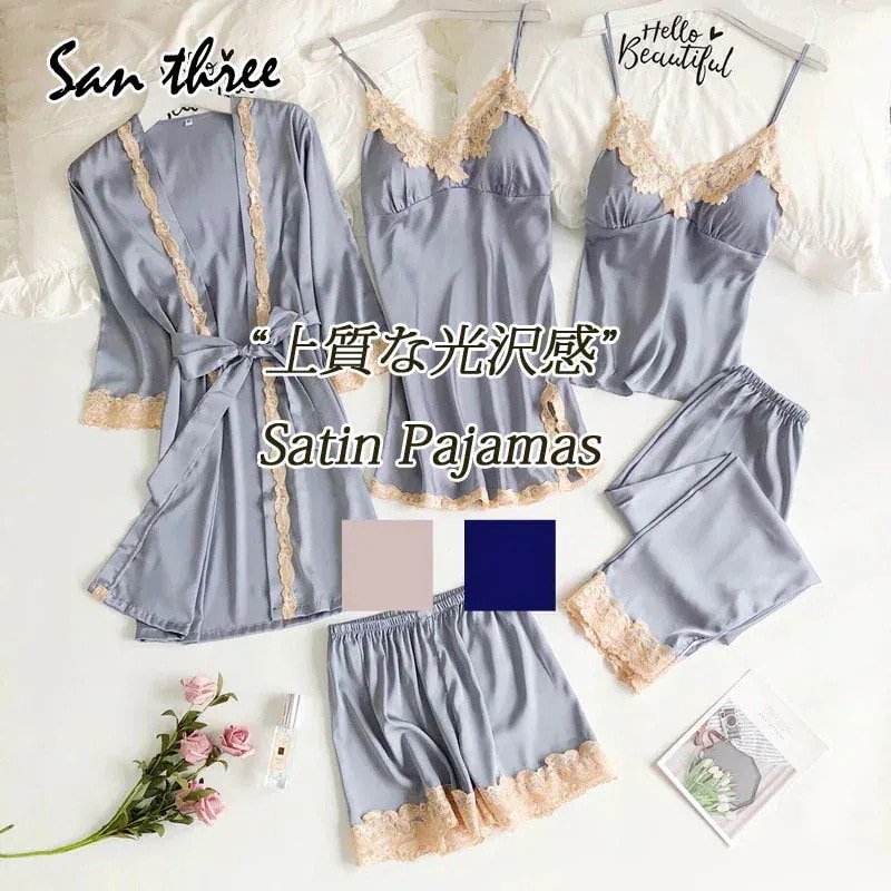 部屋着 サテン ルームウェア 5点セット パジャマ レディース ナイトウェア 上下セット ナイトガウン キャミソール ショートパンツ パンツ ワンピ&mdash ス ベビードール パッド付き 可愛い
