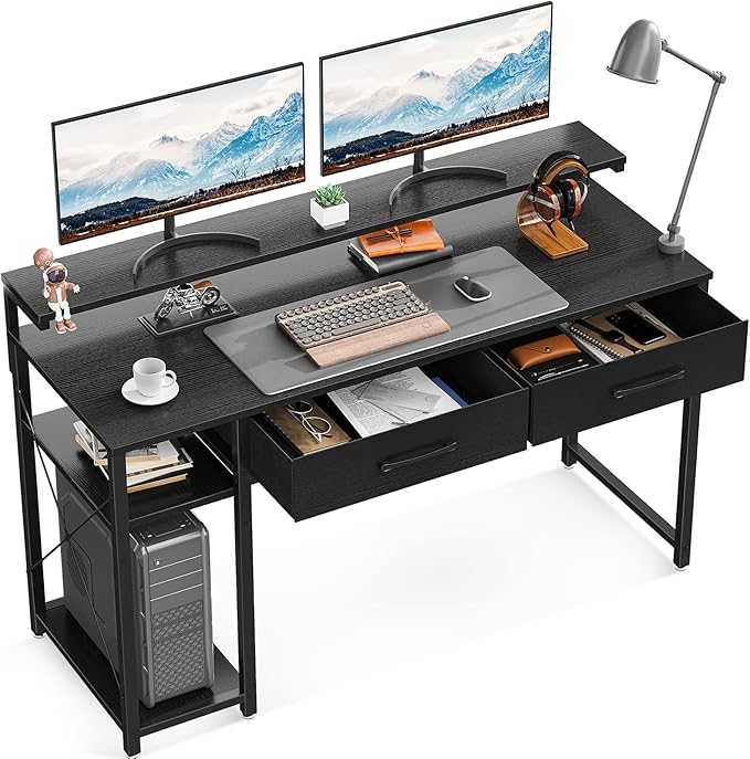 ゲーミングデスク ラック付きデスク 引き出し2杯付き 幅120cm パソコンデスク 机 pcデスク 3段階モニター台付き ワークデスク オフィスデスク おしゃれ 省スペース 一人暮らし 在宅勤務 左右