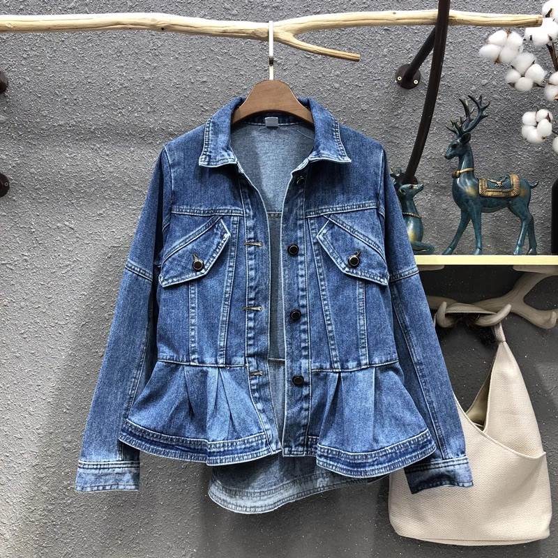 アウター ブルゾン 上着 レディース デニムジャケット Gジャン ショート 長袖 Vネック 襟付き フリル ポケット ハイウエスト 前開き ウォッシュ デニム ブルーデニム かわいい 大人可愛い カジ