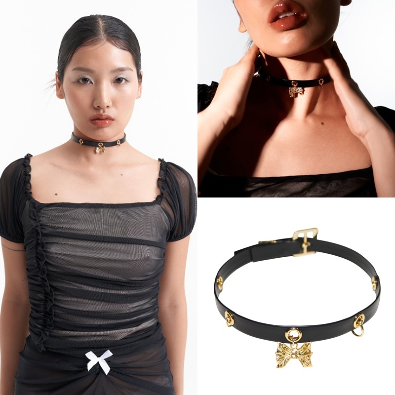 Ribbon Gold Ring Leather Chokerネックレス 韓国のファッション