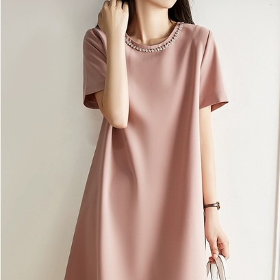 ワンピース ミディアム丈ワンピース フレアワンピース Aライン 袖付き 半袖 襟なし ラウンドネック バックシャン かわいい 大人可愛い シンプル カジュアル 大人 上品 おしゃれ お洒落