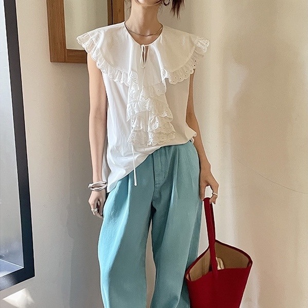 トップス レディース ビックカラー ブラウス 個性的 春服 夏服 2色 フリル ケープ襟 大きな襟 レース 刺繍 インスタ映え モテ 格上げ ブラック ホワイト フリーサイズ シンプル かわ