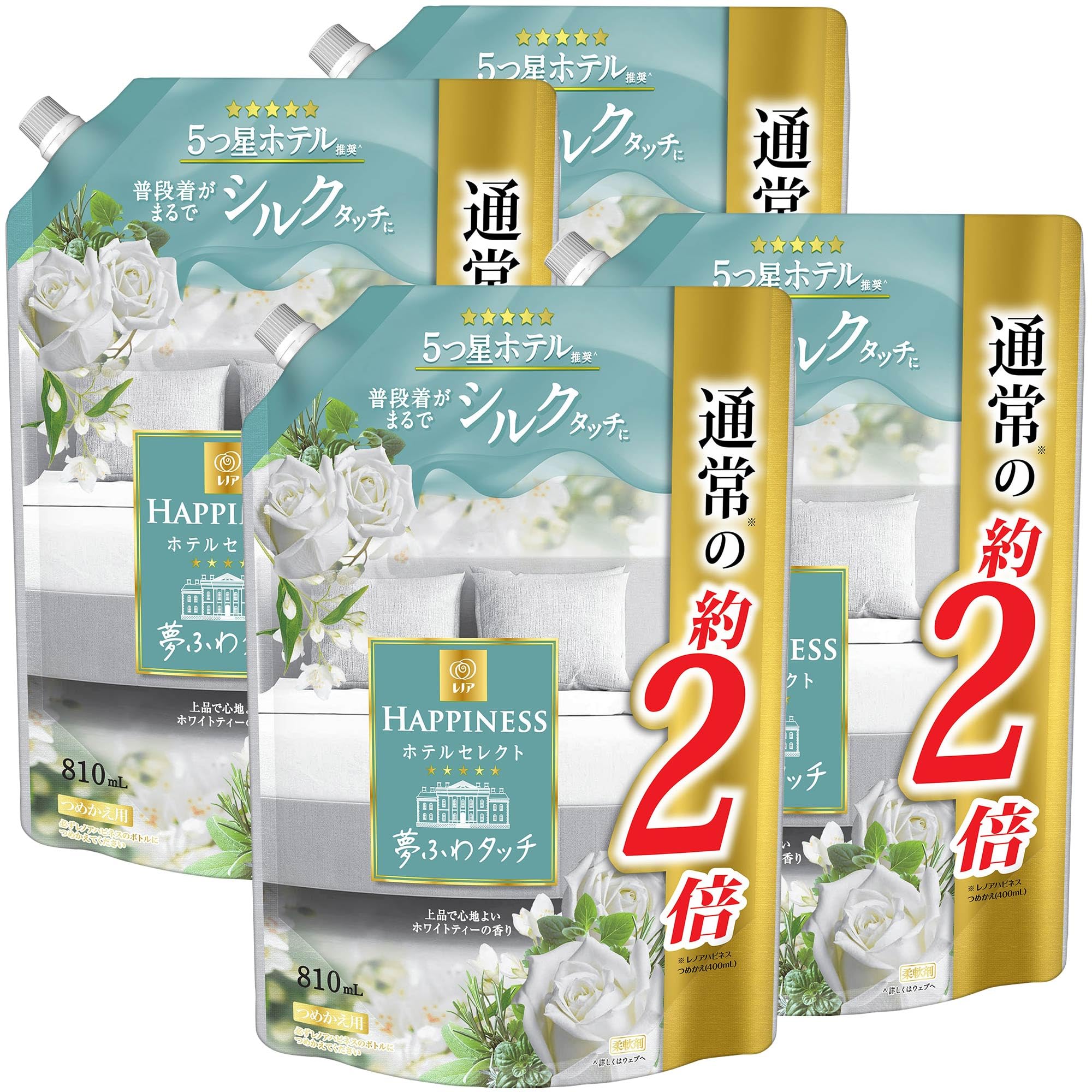レノア ハピネス 夢ふわタッチ 柔軟剤 ホワイトティー 詰め替え 810mL x4袋 ケースバンドル【まとめ買い】