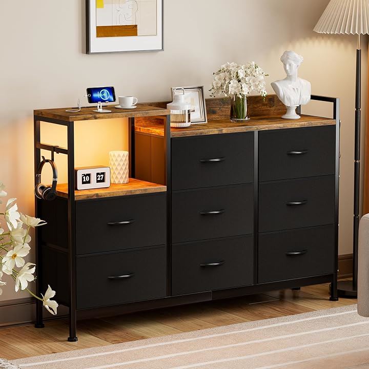 チェスト収納 タンス 棚付き 箪笥 リビング収納 ワイドチェストLEDライト付きおしゃれ 収納ケース 引き出し 大容量 北欧 USBポート付き洋服タンス(ブラック, 幅132CM)