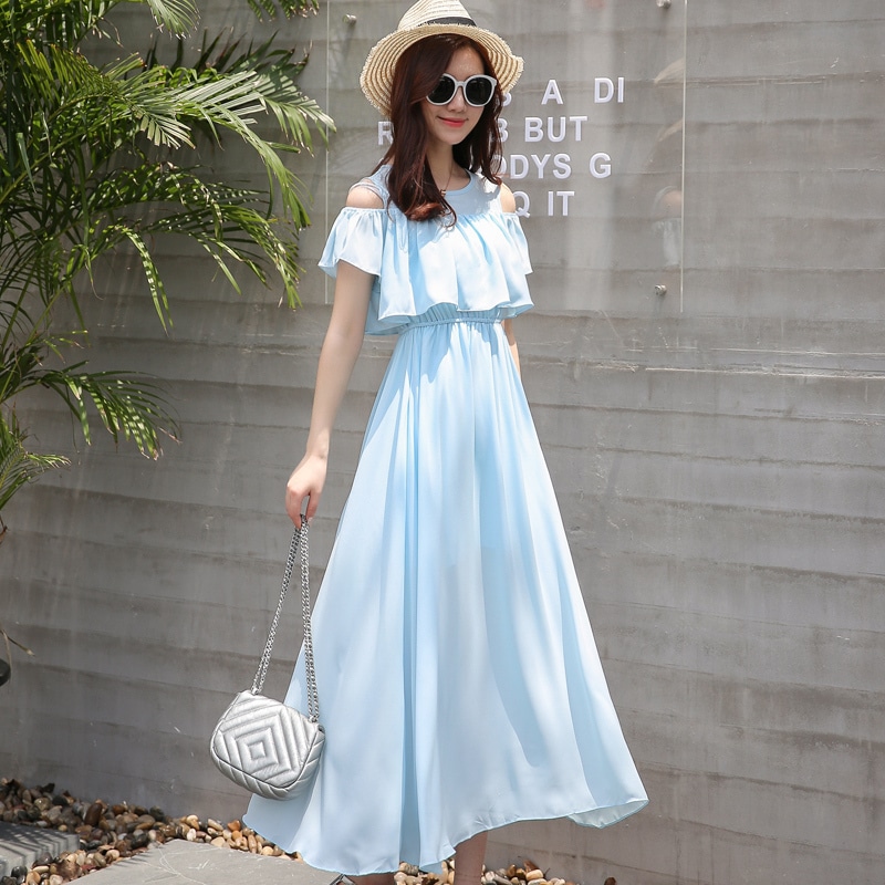 ワンピース フレアワンピース ロング ロング丈 袖あり ドロップショルダー ラウンドネック オフショルダー オフショル 襟なし フレア Aライン シフォン フリル ウエストマーク 透け感 かわいい