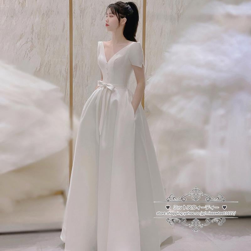 ウエディングドレス 花嫁 ウェディングドレス 結婚式 披露宴 二次会 2次会 前撮り オフホワイト ロングドレス サテン ブライダル 半袖 Aライン 韓国風 海外挙式