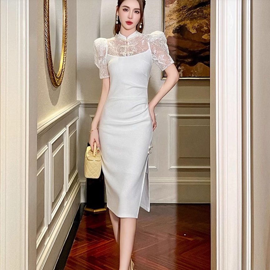 レディース ドレス 膝下 半袖 パフスリーブ タイト スリム 細身 ストレート Iライン 背中開き スマート フェミニン レース 刺繍 透け感 異国風 大人可愛い きれいめ 上品 おしゃれ かっこいい