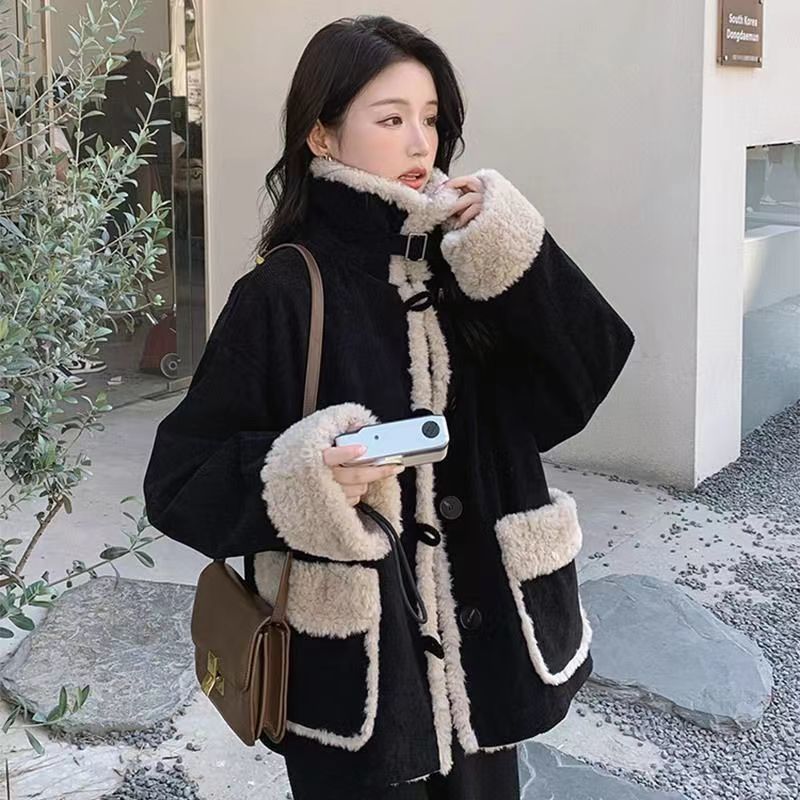 大きいサイズ ラムズウール 切り替え 中綿コート 秋冬 厚い コーデュロイ ジャケット トップス レディース 小香風 アウター 体型カバー