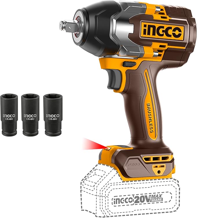 INGCO 20V コードレスハイトルクインパクトレンチ 850Nm(本体のみ) 1/2インチ電動インパクトガン ブラシレスモーター 最大速度 2400RPM 3個のソケッ付き CIWLI20851