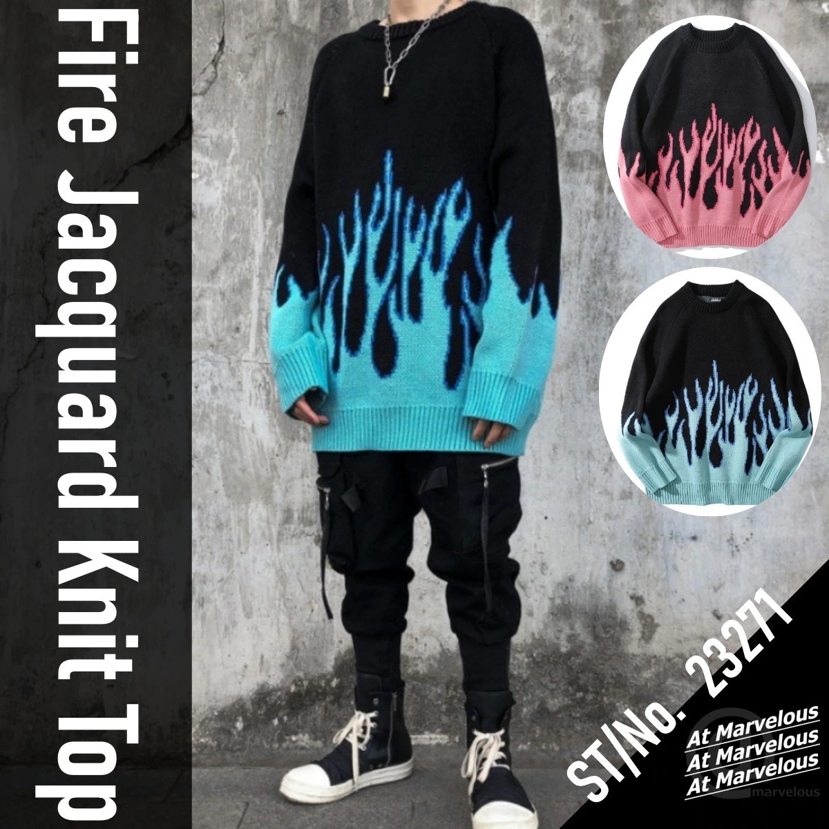 ファイヤー フレイム ニット トップス セーター ジャカード メンズ レディース 男女兼用 ユニセックス 派手 かっこいい ストリート ジャガード