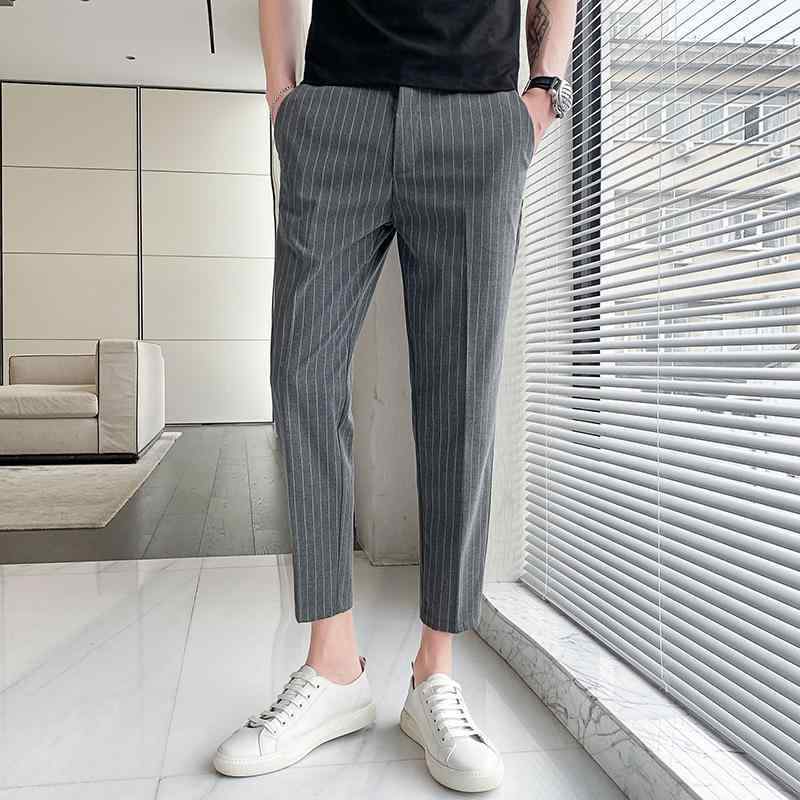 スラックス スーツパンツ スタイリッシュ 夏 九分丈 カジュアル パンツ メンズ スリムフィット ドレープ ストライプパンツ メンズ しわ防止