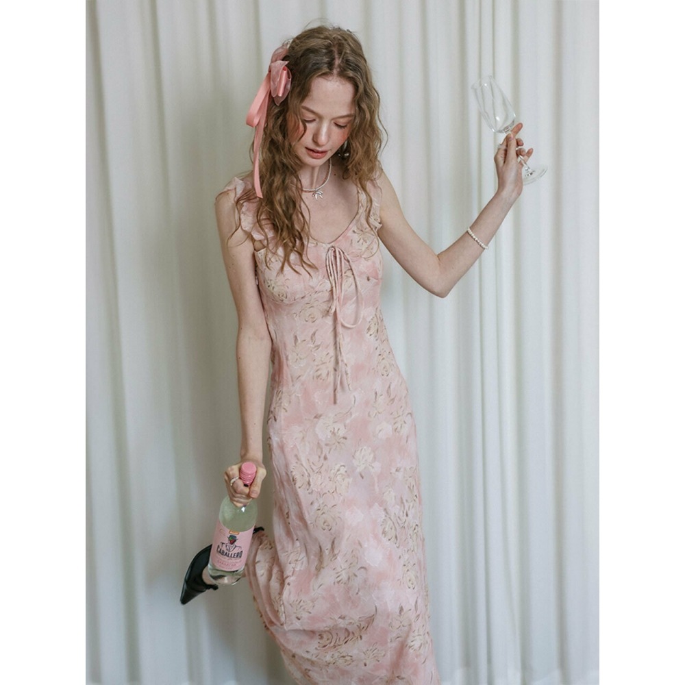 レ・ビジュー・フィロソフィー LB ローズプリントサテンリボンドレスピンク