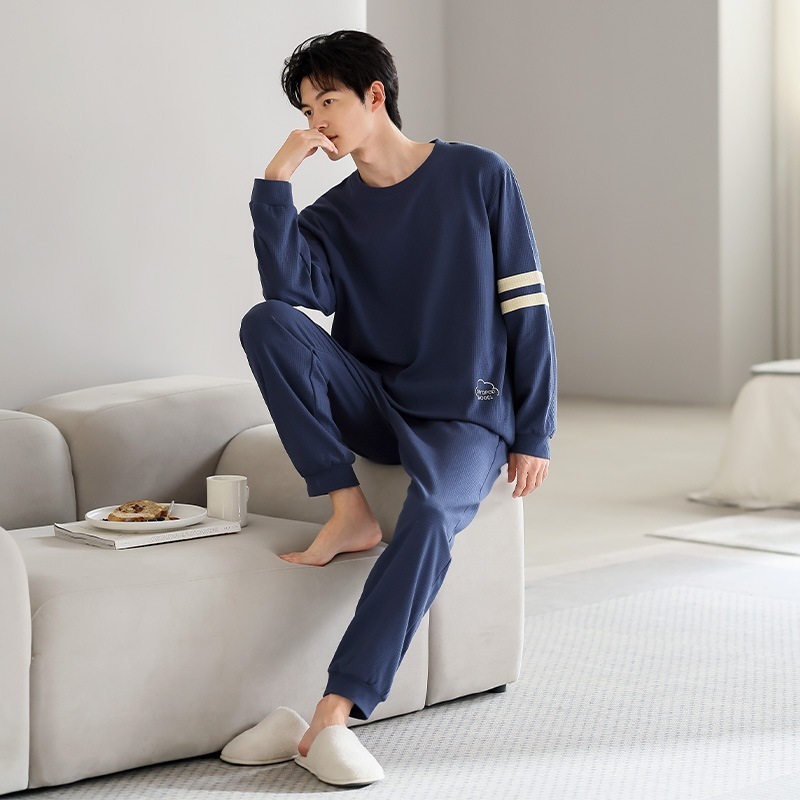 2025年春夏新作 両面プリント 純綿 プルオーバー ゆったり 快適 パジャマ 長袖 パンツ ツーピースセット メンズ
