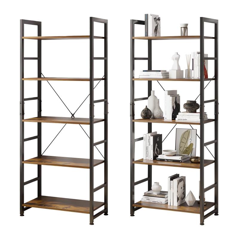 Fuwata オープンシェルフラック 本棚 ５段本棚 大容量 多機能収納ラック 木製ラック シェルフ 棚 寢室 リビングルーム ホームオフィス (レトロ, ５段)