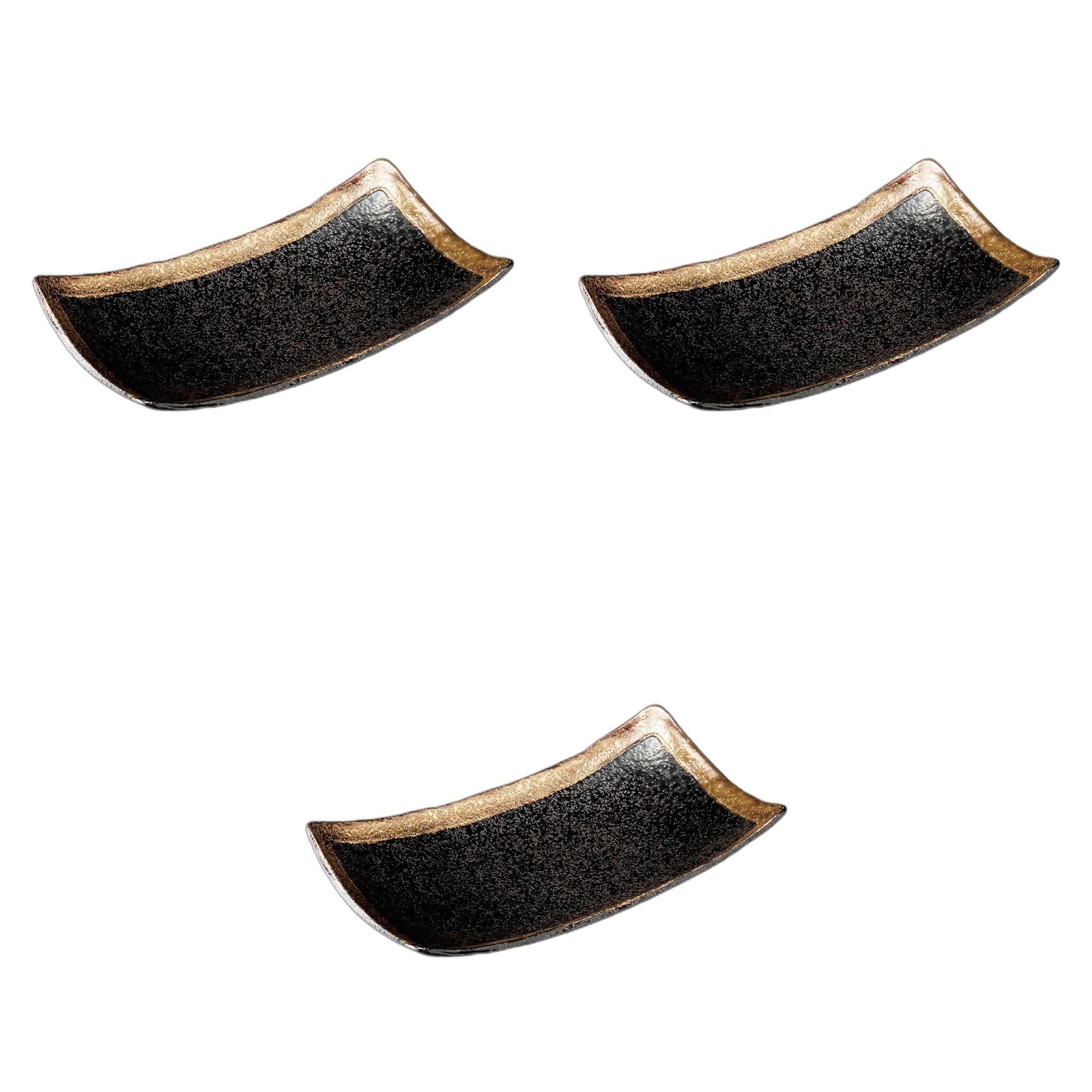 セトモノホンポ(Setomonohonpo) 3個セット 黒ちらし渕金巻6.0足付長角皿 [ 19×12×4cm ] 長皿陶磁器強化