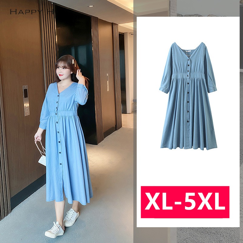 XL-4XL：100KGまでワンピース デニム レディース ロング ミモレ丈 長袖 五分袖 春 夏秋 ロングシャツ ビッグシャツ ジーンズ 大人可愛い 体型カバー 韓国 大きいサイズ5L 4L