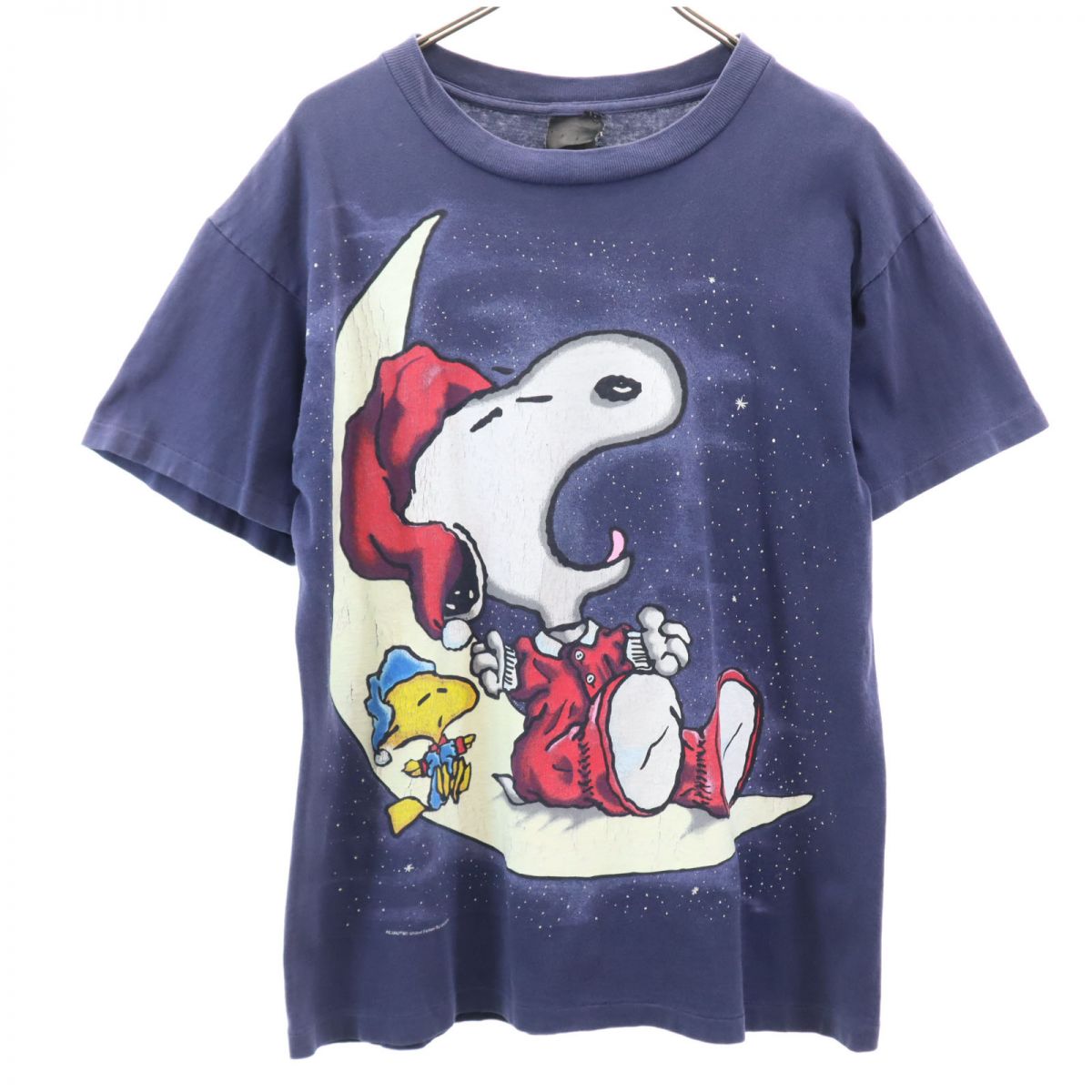 90s USA製 オールド プリント スヌーピー ウッドストック 半袖 Tシャツ M ネイビー メンズ
