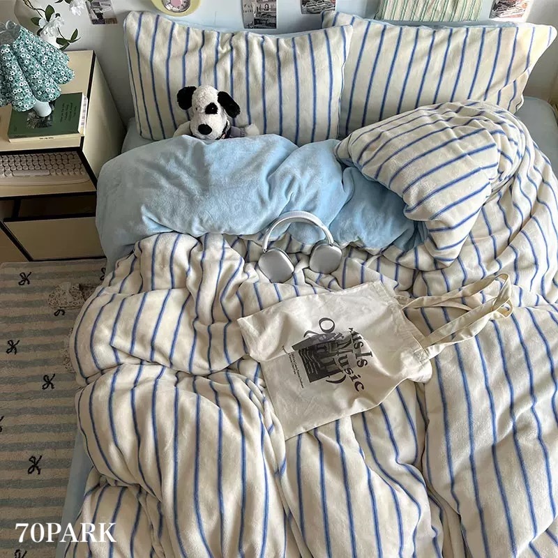 ブルー ストライプ ミルク ベルベット 布団カバーセット 全2種 ベッドカバー 寝具カバー シングル ダブル クイーン ベッドリネン ぬくぬく おしゃれ 韓国インテリア 70PARK