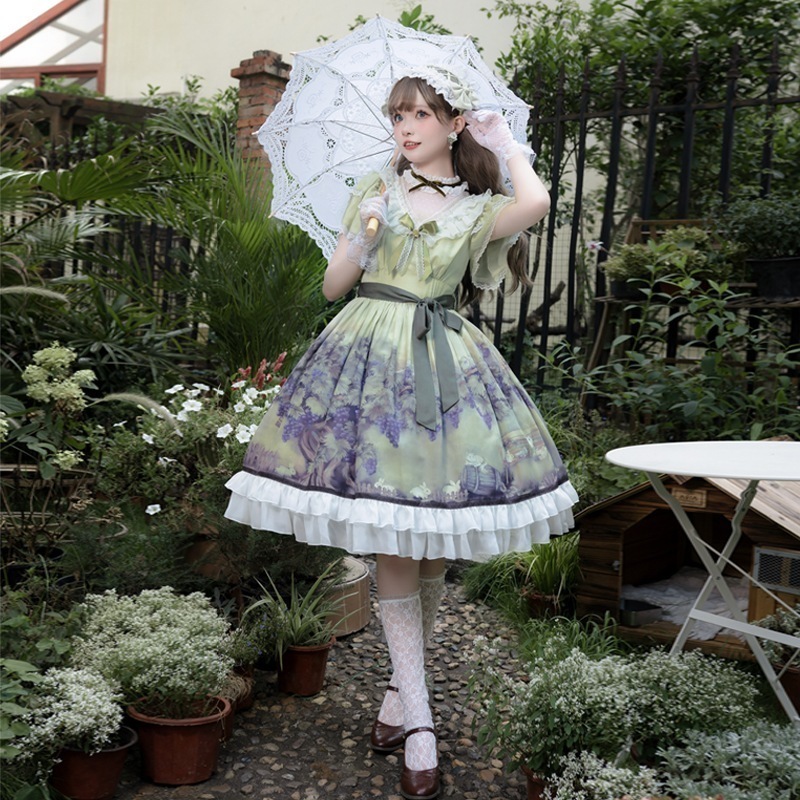 ロリータドレス ウエスト付きプリントスカート エレガント＆油絵レース