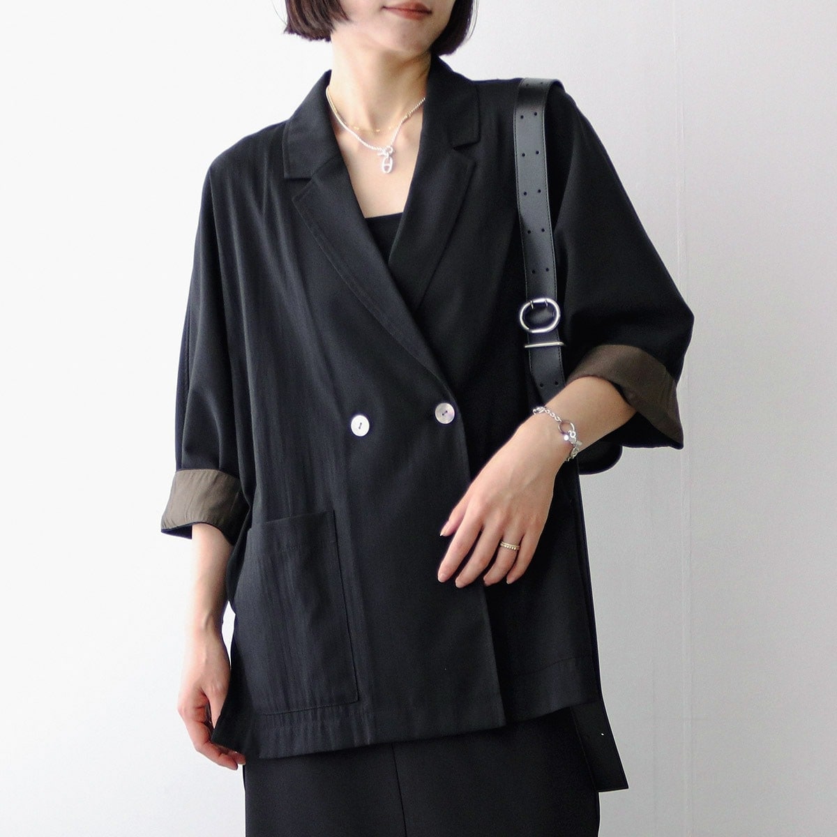 CHIGNON シニヨン シアー ジャケット 4853-464BZ レディース 七分袖 ダブルブレスト ドルマンスリーブ ブラック