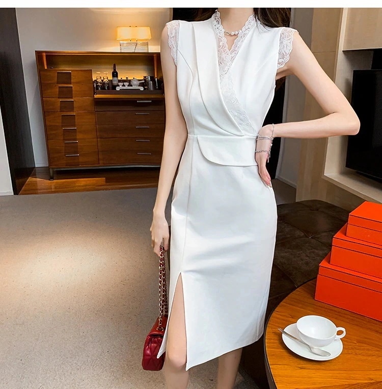 ドレス dress パーティードレス 二次会ドレス 膝丈ドレス キャバドレス キャバ ワンピ キャバ嬢ドレス タイトドレス 膝丈 ひざ丈 ノースリーブ Vネック 切り替えデザイン レース