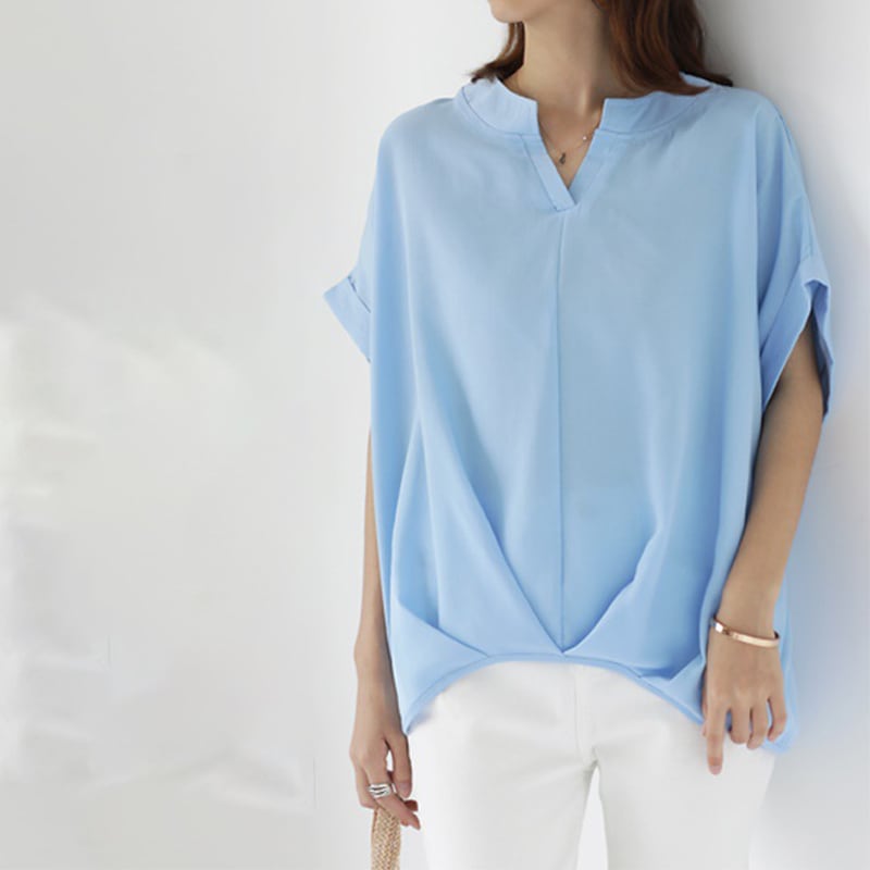 夏の快適ゆったりTシャツvネック半袖ゆったりシフォンシャツトップス