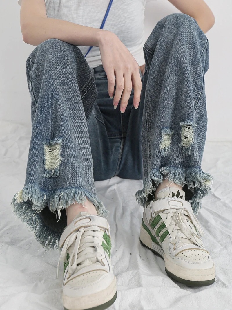 ハイウエストワイドパンツ ローエッジ ジーンズ レディース 春 フlリンジ ハイストリート トレーリング ストレートパンツ 春 細身パンツ