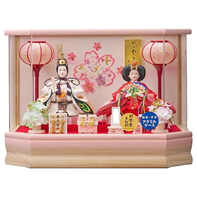 雛人形 ひな人形 お雛様 おひなさま かわいい 手作り 2025年 新作 秀光 限定品 送料無料 コンパクト ミニ 初節句 ひな祭り 二人 2人 親王 六角アクリルケース 桜 男雛 女雛 買得 お得