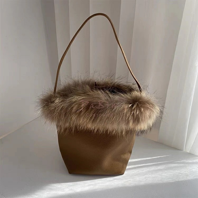 出血大サービス ハンドバッグ トートバッグ 革 レザー ファーバッグ バケツバッグ レディース バッグ バケツ型 リアルファー 高品質 肩掛け 軽量 大きめ 大容量 母の日 高見え （バッグインバッグ