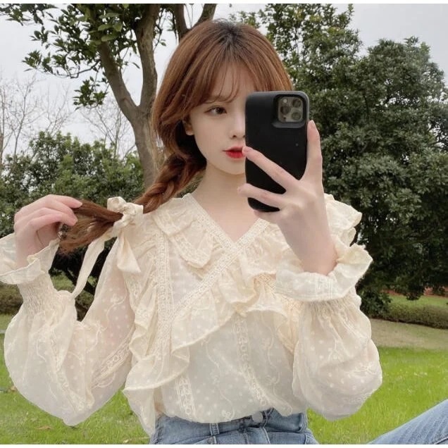 ブラウストップスフリルクロスシースルーフェミニンきれいめ