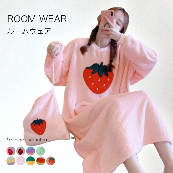 モコモコ WILLS 秋 クルーネック THOM ナイトガウン フランネル バスローブ 長袖 ルームウェア バスローブ ガウン パジャマ ホワイトデー ワンピースパジャマ レディース 冬