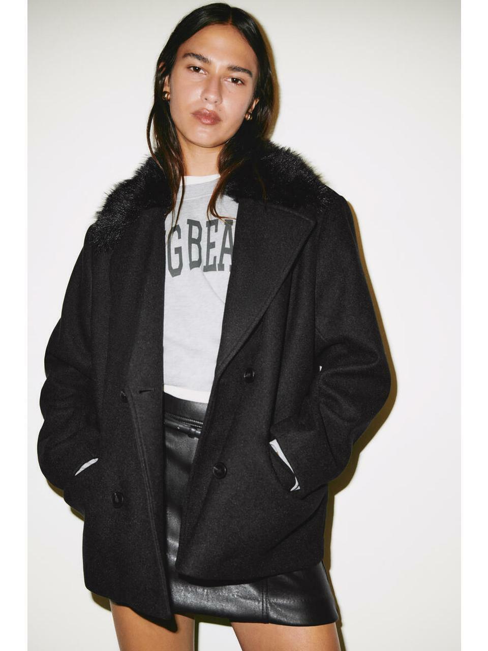 H&M フワフワカラーピーコートブラック 1308585003