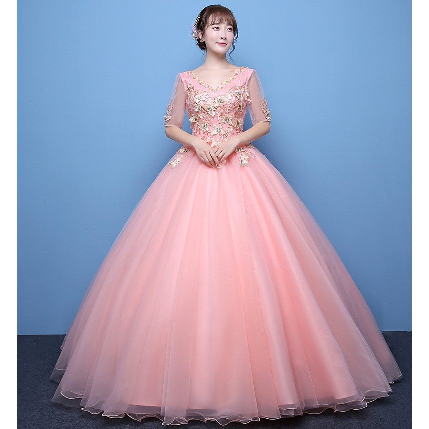 高級感 ロング丈 ウェディングドレス カラードレス パーティー 二次会 結婚式 花嫁ドレス 花嫁 ロングドレス 披露宴 上品 ピンク
