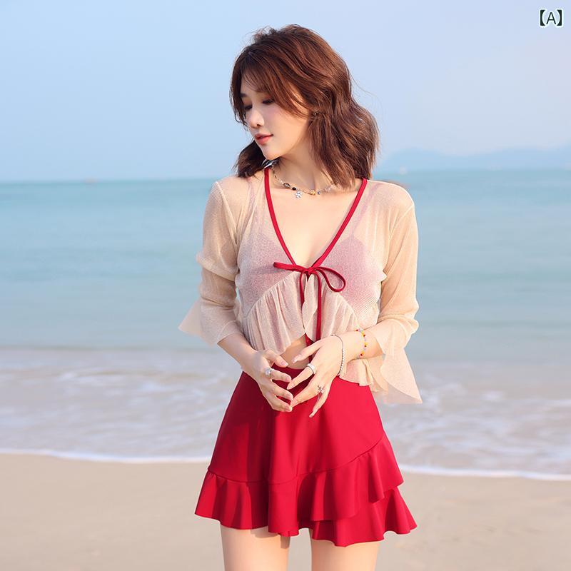 レディース 水着 ワンピース 女性用 フレアスカートワンピース フリル装飾 長袖ボレロカーディガン２点セット レッド 日焼け防止 バストプッシュアップ ウエストピップカバー スリム効果 胸パットあり