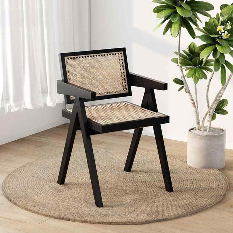 ラタンチェア籐編みダイニングチェア 木製 無垢材シングル食卓椅子 食卓チェア 組立簡単 さわやか わびさび風椅子 肘掛け付 通気性 おしゃれ オフィス用 ダイニ