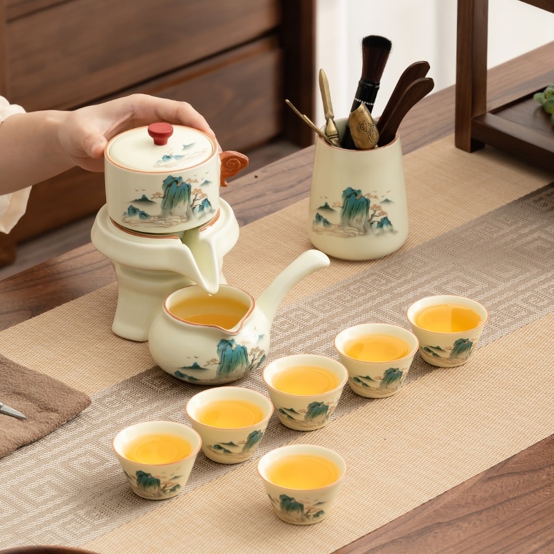 汝窯自動茶器セット高級国潮錦繍山河文創茶碗