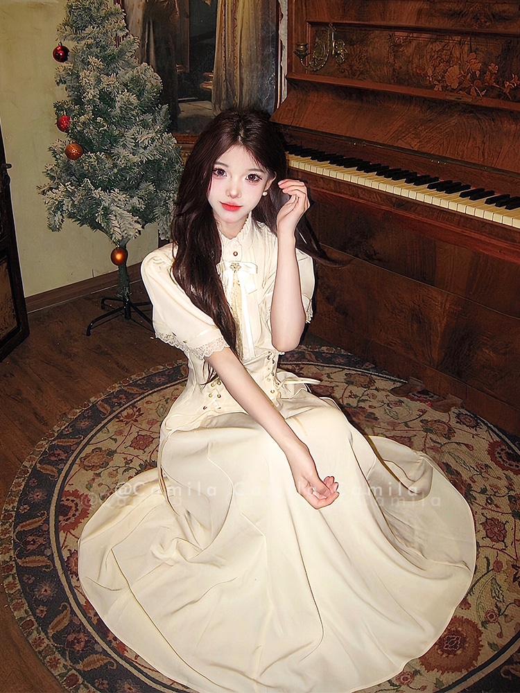 ランドマインロリータロリータレトロウエスト閉じたレースケープドレス-オフホワイトケープaラインスカート