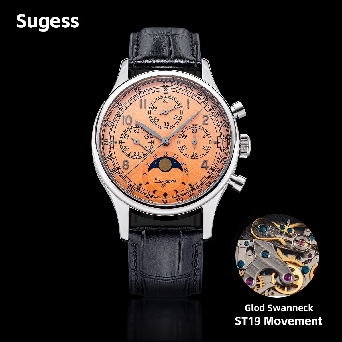 男性クロノグラフtianjin st1908swanneckムーブメントmoonフェーズサファイア新2023用のGestessメカニカル腕時計 - 1511
