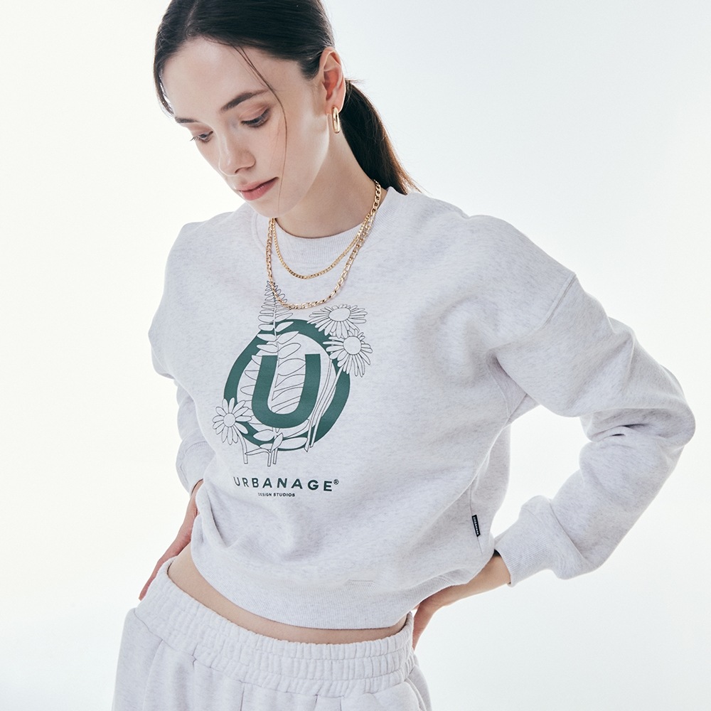 URBANAGEフラワーWマンツーマンホワイトメランジ