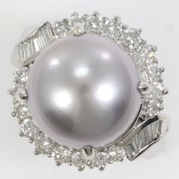 PT900 プラチナ リング 18号 黒蝶真珠 約13mm ダイヤ 1.12 カード鑑別書 中古