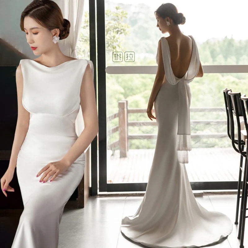 ウェディングドレス白 ウェディングドレスマーメイドトレーンライン セクシー露背 パーティードレス ドレス 結婚式二次会 露背 ノースリーブ ワンピース 前撮り 花嫁ドレス