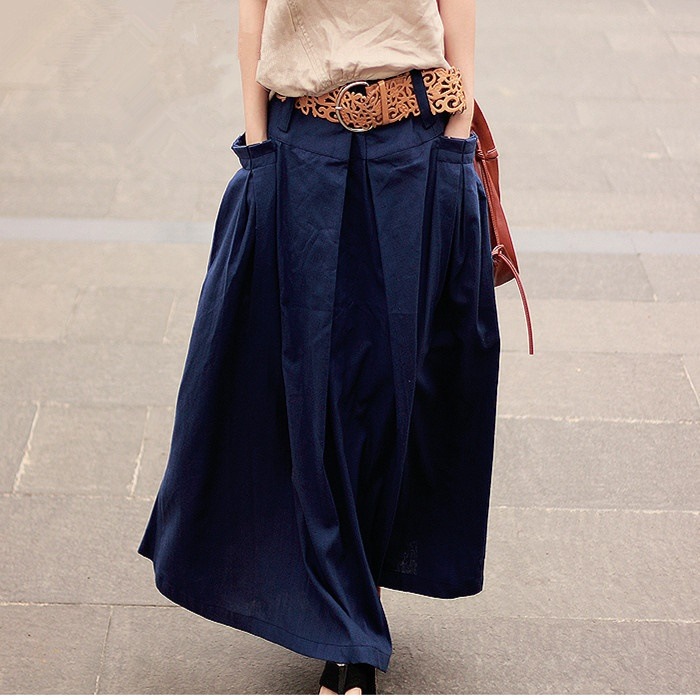 3145.マキシ丈 カジュアルタックスカート（ネイビー）2019 春夏 sale ポケット付き 無地