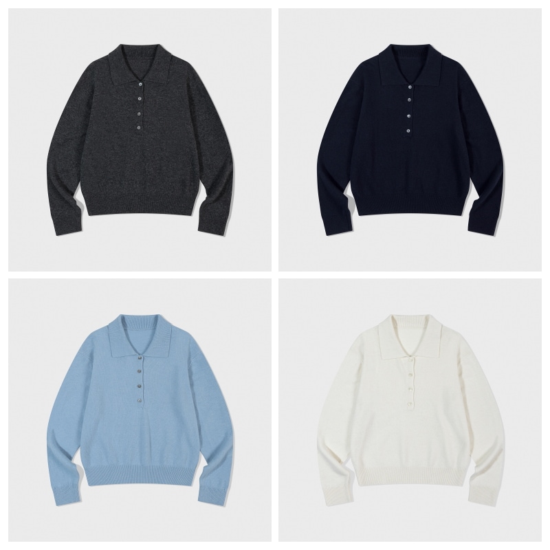 【LOW CLASSIC】 MERINO CASHMERE OPEN COLLAR SWEATER : 4COLORS