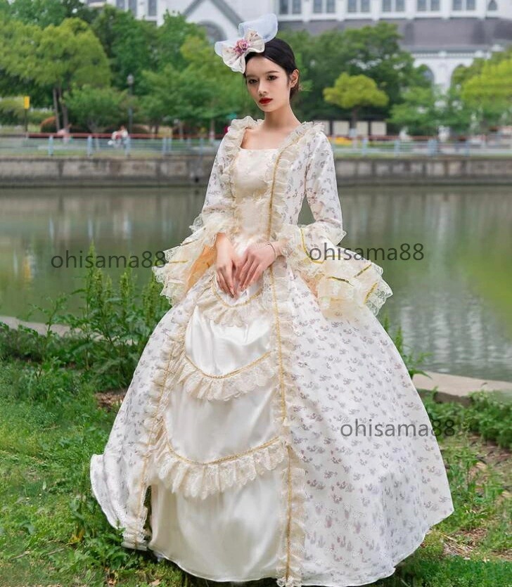 プリンセスドレス 高級感 宮廷ドレス お姫様ワンピース 可愛い 貴婦人ドレス ヨーロッパ風ドレス 華やか フレア袖 ロングドレス 中世貴族風 貴族ドレス オペラ声楽 演劇 舞踏会 撮影 演奏会 ハロウ