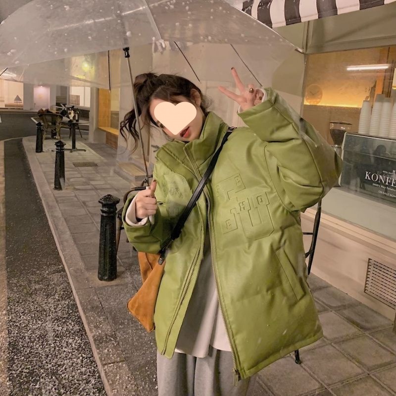 アボカドグリーン皮ダウン女性厚手ゆったり保温コート