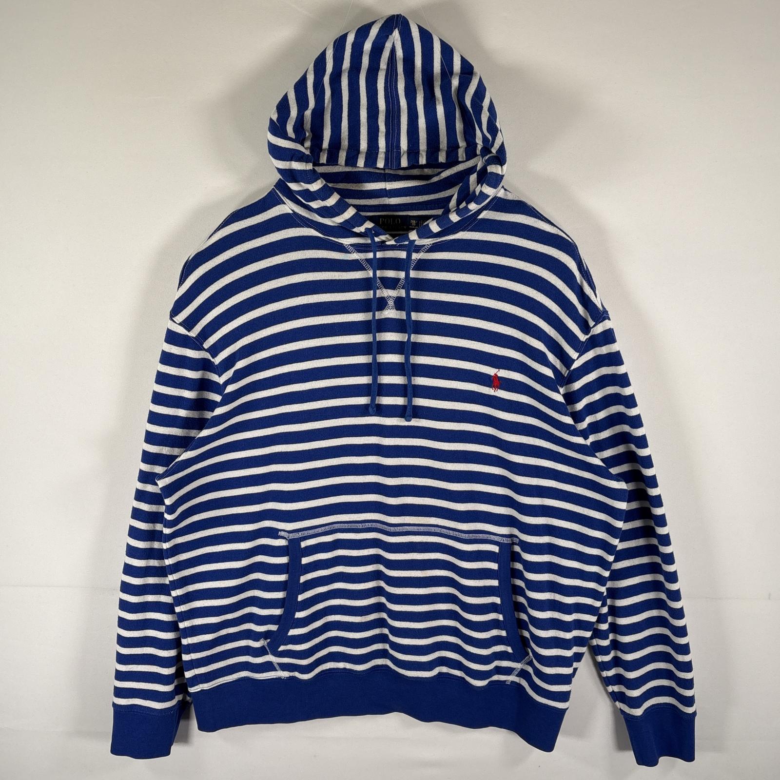 古着 パーカー プルオーバー ワンポイントロゴ刺繍 ボーダー 大きいサイズ 2XB ブルー メンズ